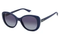 Polaroid PLD 4154/S/X butterfly sunglasses in blue PJP with grey gradient polarised lenses and crystal-studded hinges, front three-quarter view