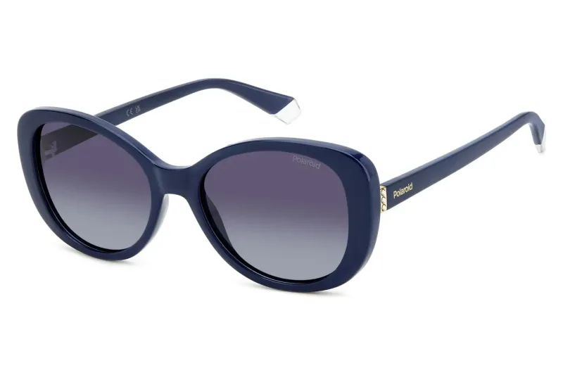 Polaroid PLD 4154/S/X butterfly sunglasses in blue PJP with grey gradient polarised lenses and crystal-studded hinges, front three-quarter view