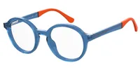 Seventh Street S 333 kids' round eyeglasses in transparent blue with orange temple tips (RTC), front three-quarter view