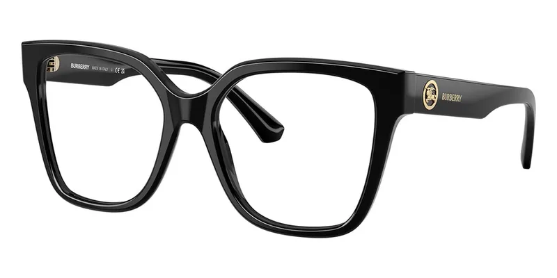 Burberry BE2443 eyeglasses in Black (3001), three-quarter view showing the gold Equestrian Knight Design on the temple