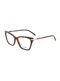 Guess GU50433 052 dark havana cat-eye eyeglasses with red and gold temple accent, front three-quarter view