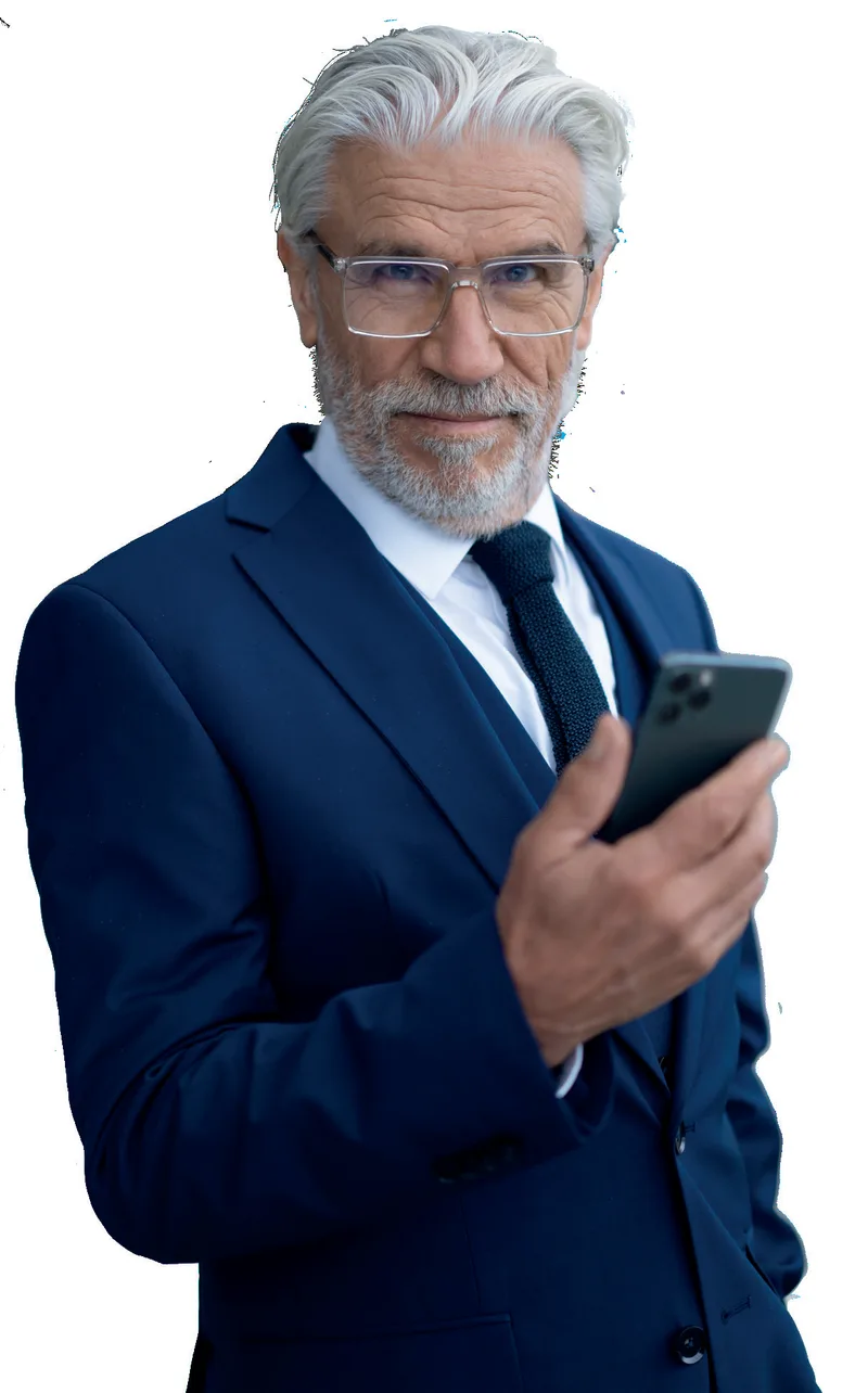 ZEISS Progressive SmartLife Individual Lenses, grey-haired man wearing clear-lens glasses and holding a smartphone