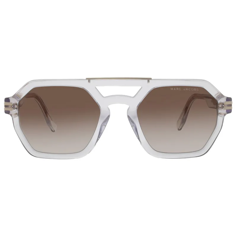 Marc Jacobs MARC 587/S 9OO/HA crystal transparent hexagonal navigator sunglasses with gold top bar and brown gradient lenses, front view