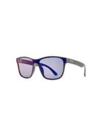 Opium OP-1454 C01 matte grey polarized wayfarer sunglasses with blue-violet mirror lenses, three-quarter view on a white background