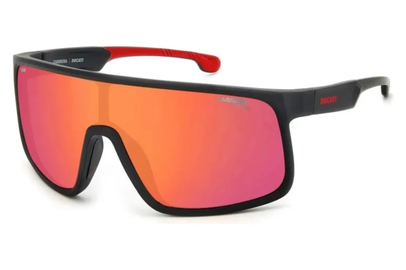 Carrera Ducati CARDUC 017/S sunglasses in matte black with red temple tips and red multilayer mirror shield lens (OIT/UZ), front three-quarter view