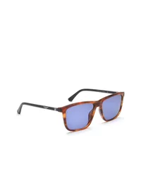 Police SPLE05K square sunglasses in 9N3 shiny striped brown acetate with black temples and blue lenses, front three-quarter view
