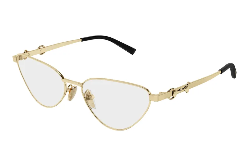 Gucci GG2054O eyeglasses in gold, cat-eye metal frame with horsebit temples, front three-quarter view