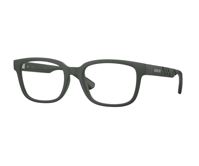 Burberry Frame BE2451U in Matte Green (4232), angled view showing the check-embossed temple