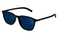 Montblanc MB0386S 001 sunglasses, black frame with blue photochromic lenses (darkened), front three-quarter view