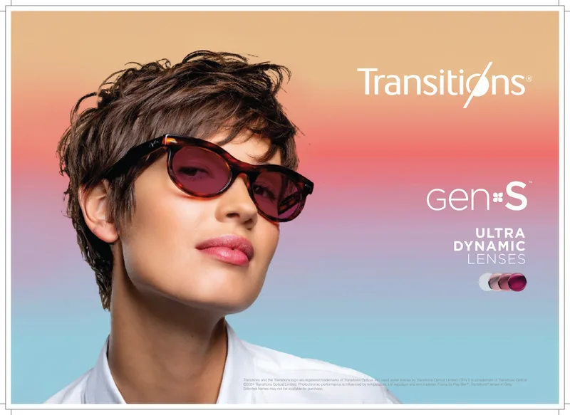 Nova Rx SV Transitions GEN S Lenses: Transitions Gen S  ad: model in activated lenses + Transitions & GEN S logos